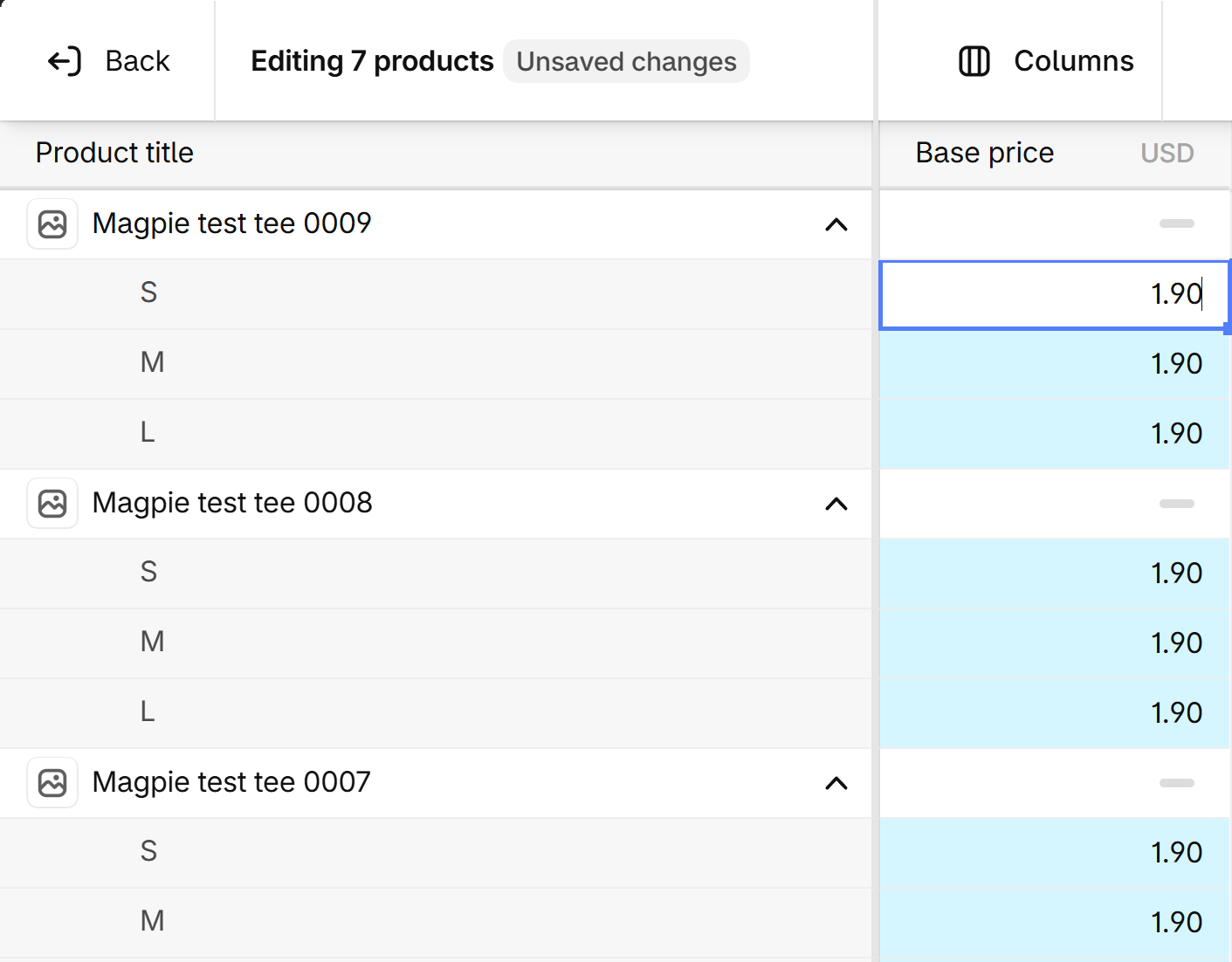 Shopify bulk editor, Editing 7 products, Unsaved changes: the Base price of every size of three T-shirts reads 1.90.