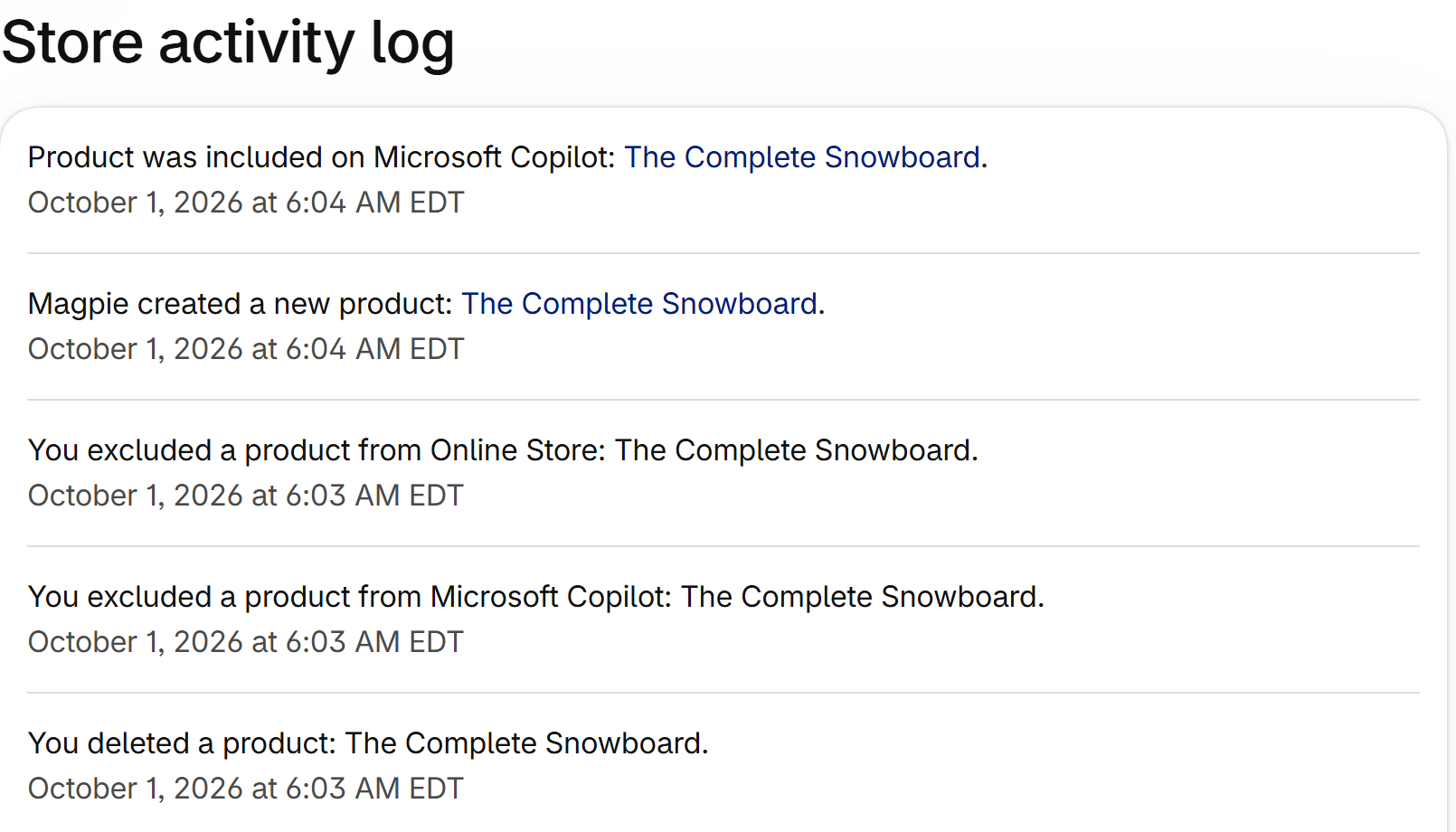 Store activity log: entries about a deleted and recreated product, none about prices.
