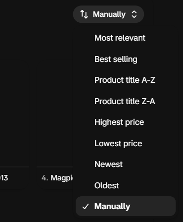 Shopify collection sort menu: Most relevant, Best selling, Product title A-Z, Product title Z-A, Highest price, Lowest price, Newest, Oldest, Manually.